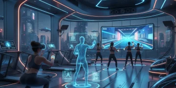 Futuristic gym with people using VR, AI trainers, and gamified fitness equipment.