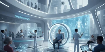 Futuristic hospital with AI diagnostics and telehealth interfaces