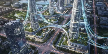 Futuristic smart city skyline with interconnected infrastructure and green energy solutions.
