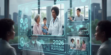 Futuristic telehealth interface with virtual patient consultations