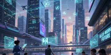 Gig Economy 2026: Top 4 U.S. Business Models Thriving Futuristic cityscape with digital connections representing the thriving gig economy in 2026.