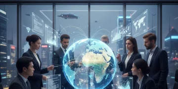 Globalization vs. Localization: U.S. Business Strategies for 2026 Global business leaders collaborating on a holographic world map