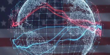 Global digital network with U.S. flag, symbolizing strategies against disinformation in 2026.