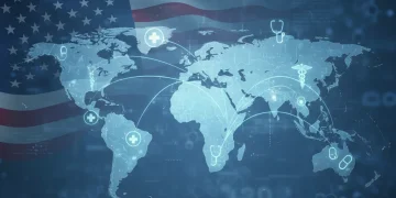 U.S. Investments in Global Health Security 2026: Pandemic Prevention Focus Global map with medical symbols, representing U.S. investments in international health security and pandemic prevention.