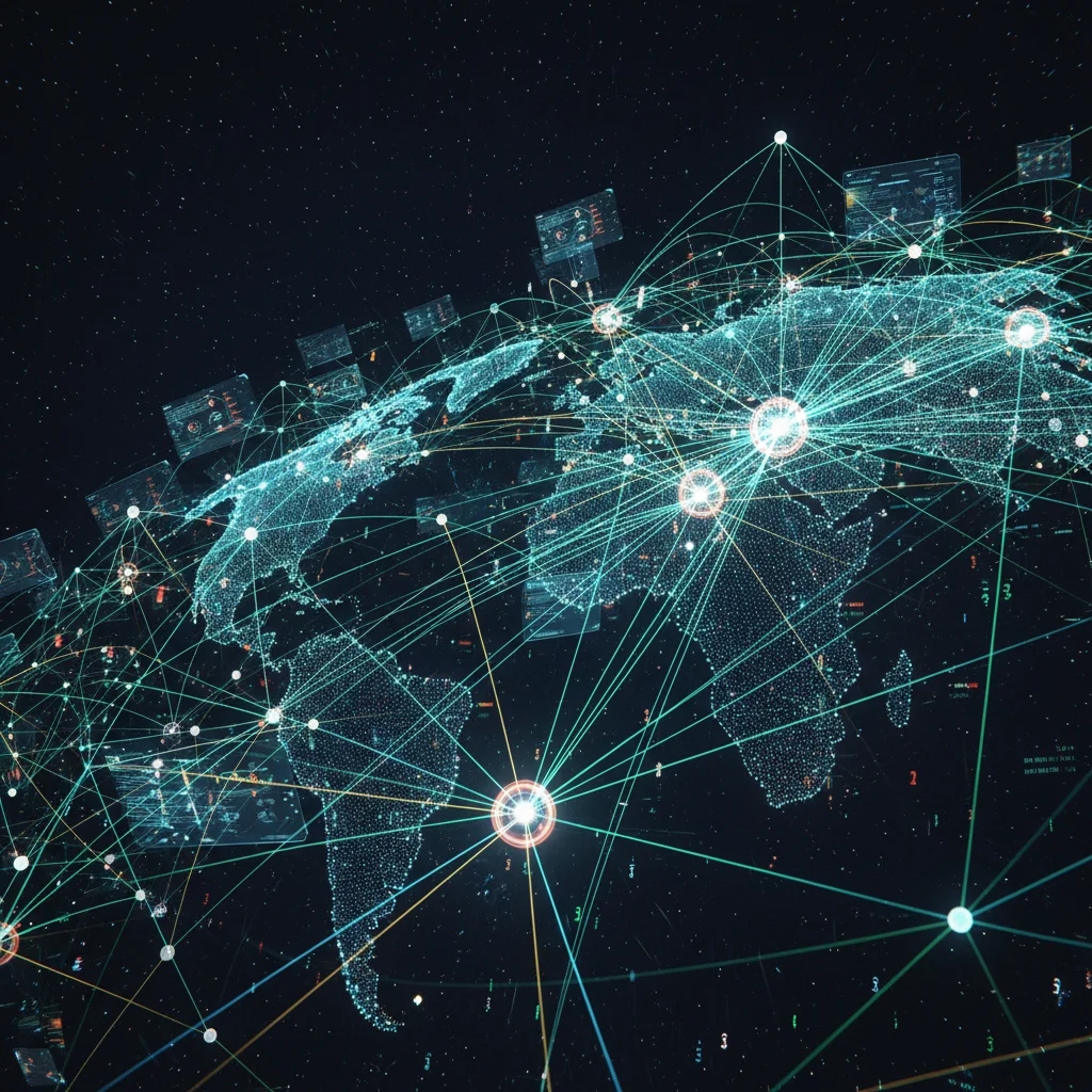 Digital representation of global supply chains and interconnected trade networks.