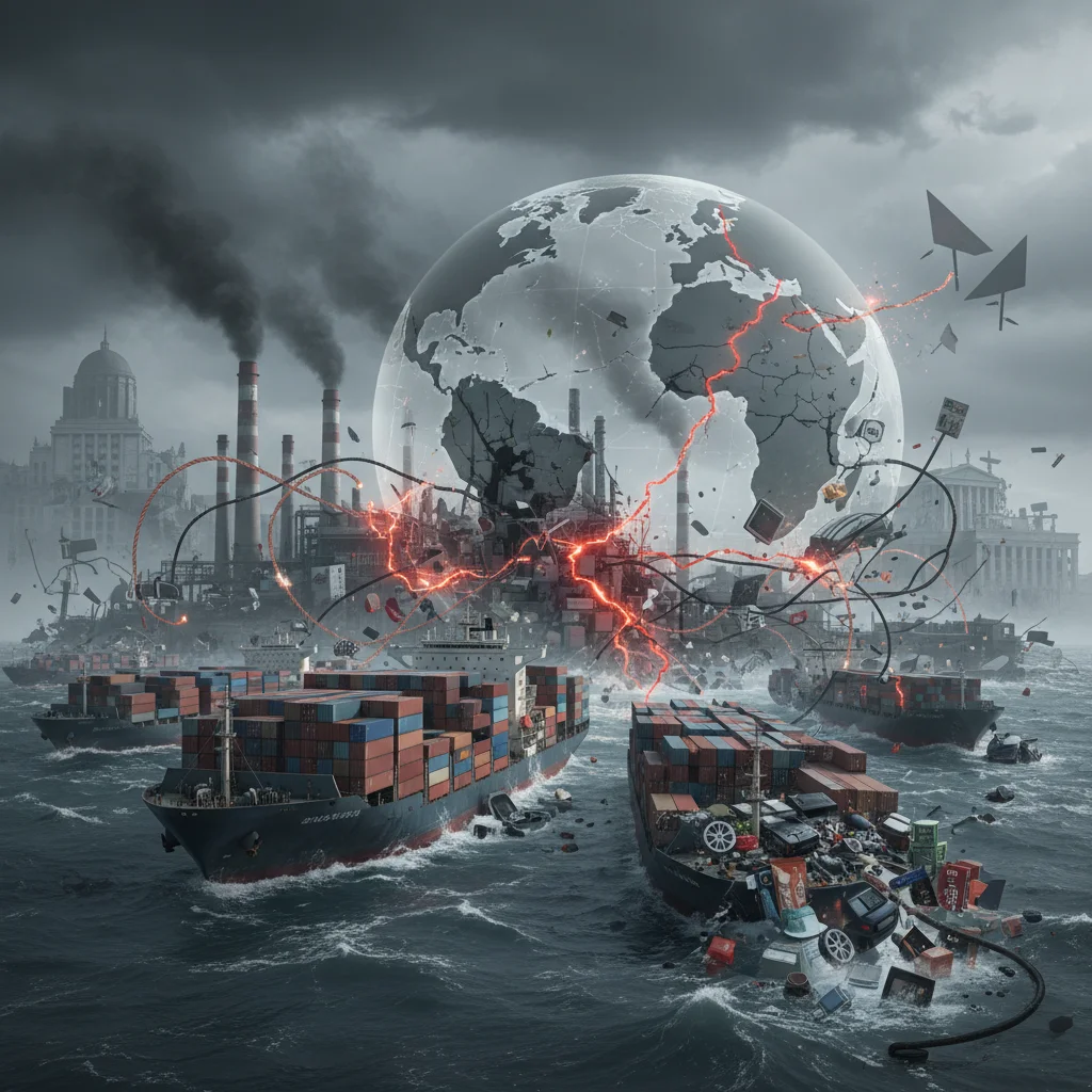 Disrupted global supply chain with cargo ships and factories, illustrating economic vulnerability.