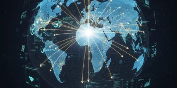 Global Alliances 2026: US Trade & Tariff Outlook Futuristic global trade map with shifting alliances and US focus