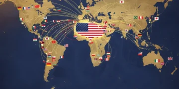 Global trade map with U.S. at center, illustrating international economic partnerships.