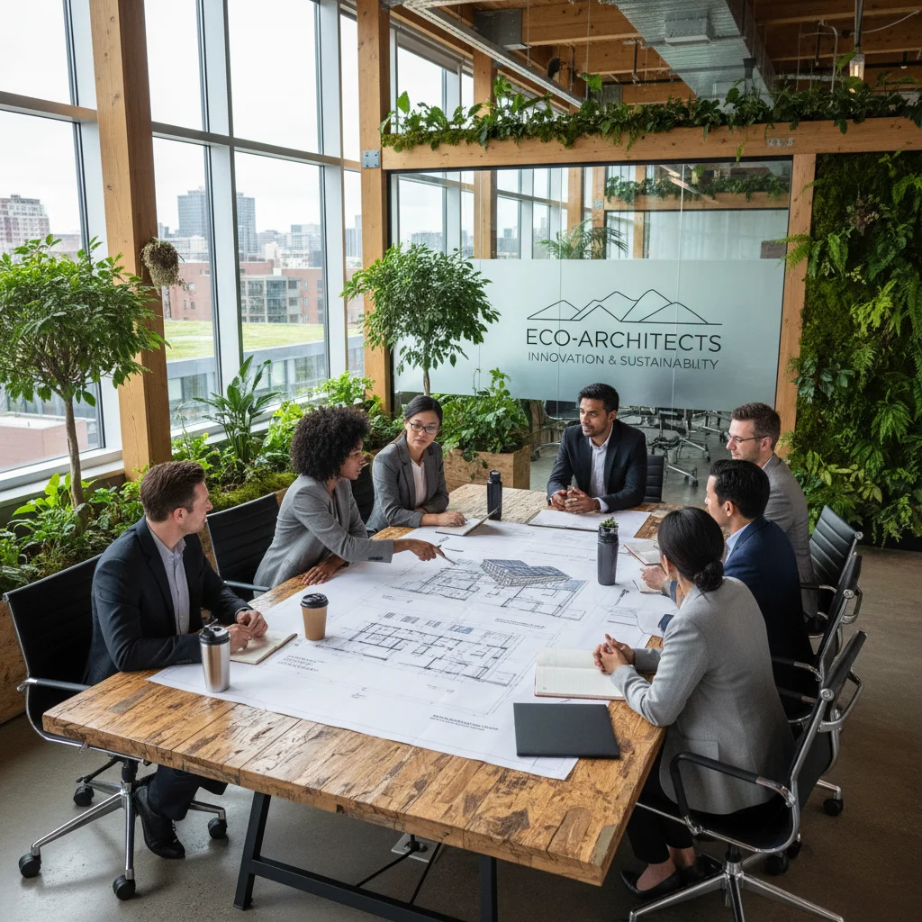 Professionals discussing sustainable building blueprints in an eco-friendly office, highlighting green construction innovation.