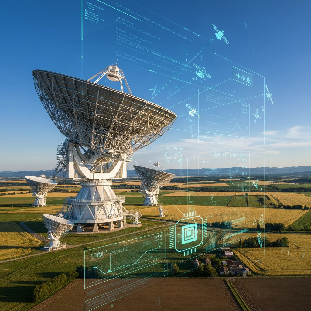 Ground station receiving and processing satellite data for agricultural insights