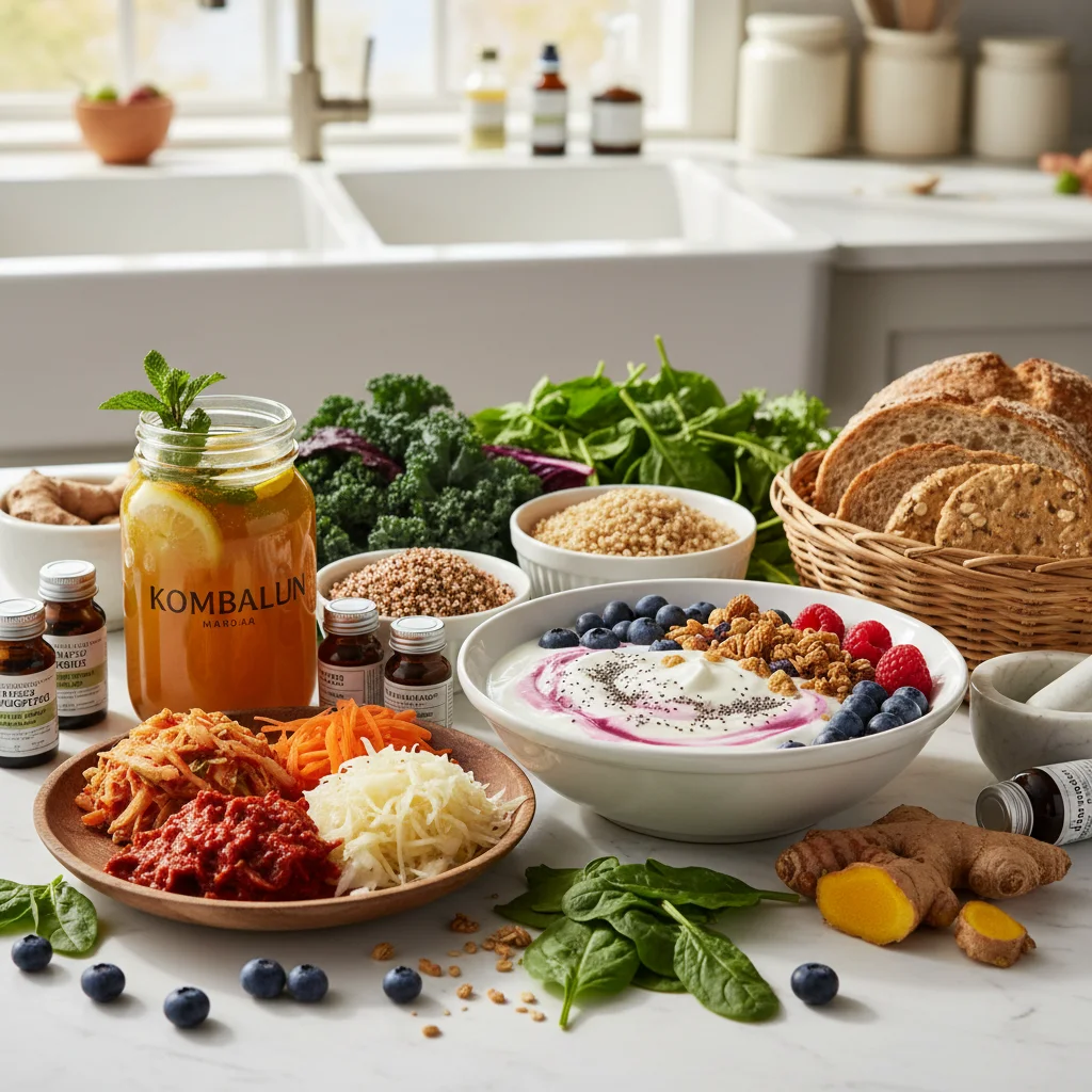 Assortment of gut-friendly foods including fermented vegetables, yogurt, fruits, and whole grains on a kitchen counter, highlighting dietary solutions for gut health.