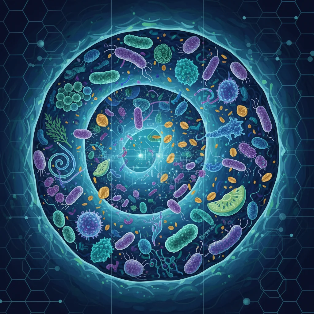 Stylized illustration of a healthy gut microbiome interacting with food.