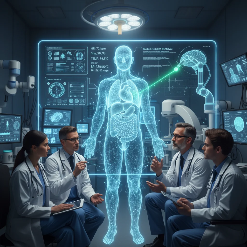 Healthcare professionals analyzing a patient's digital twin for diagnosis