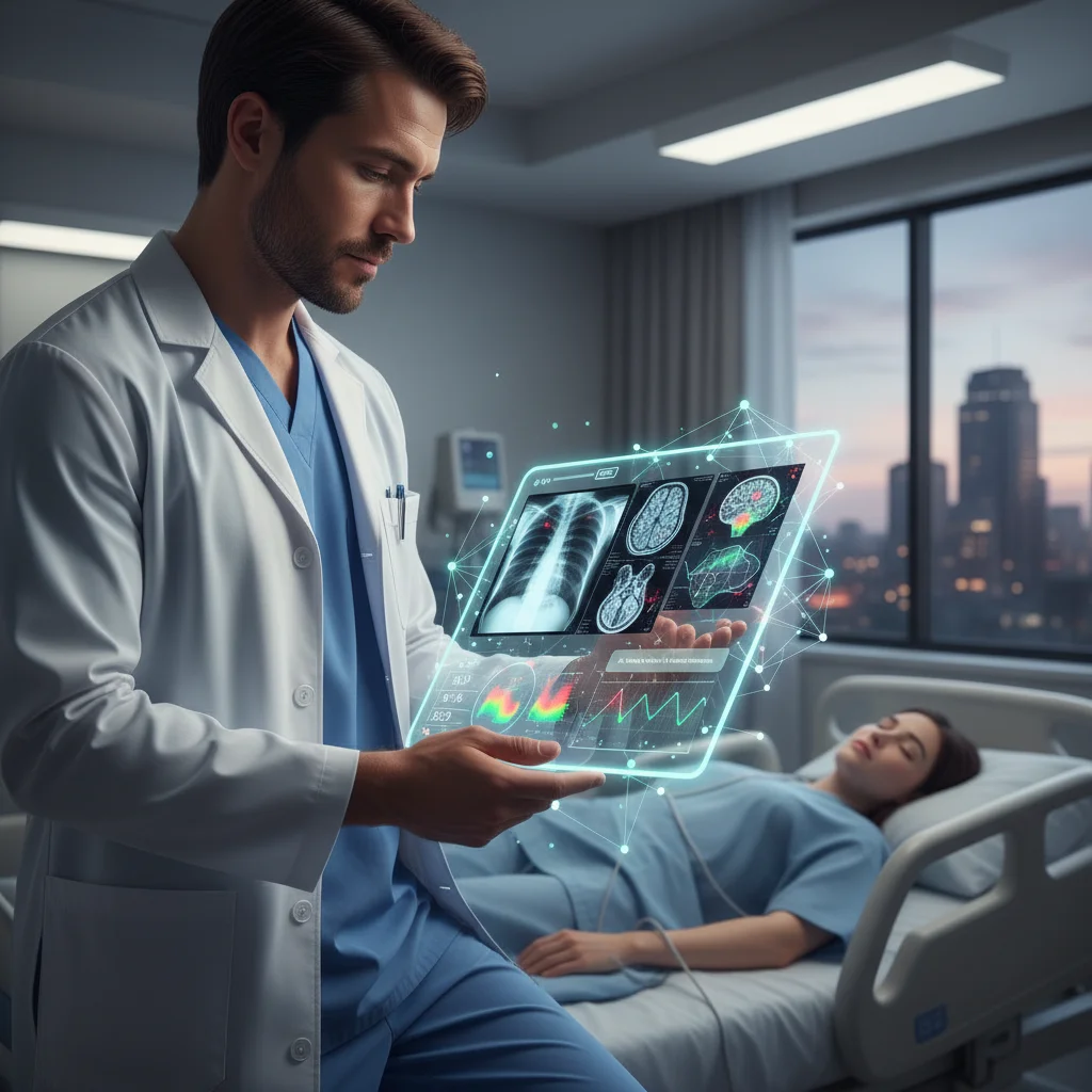 Doctor using tablet with Edge AI for real-time patient diagnosis in a hospital.