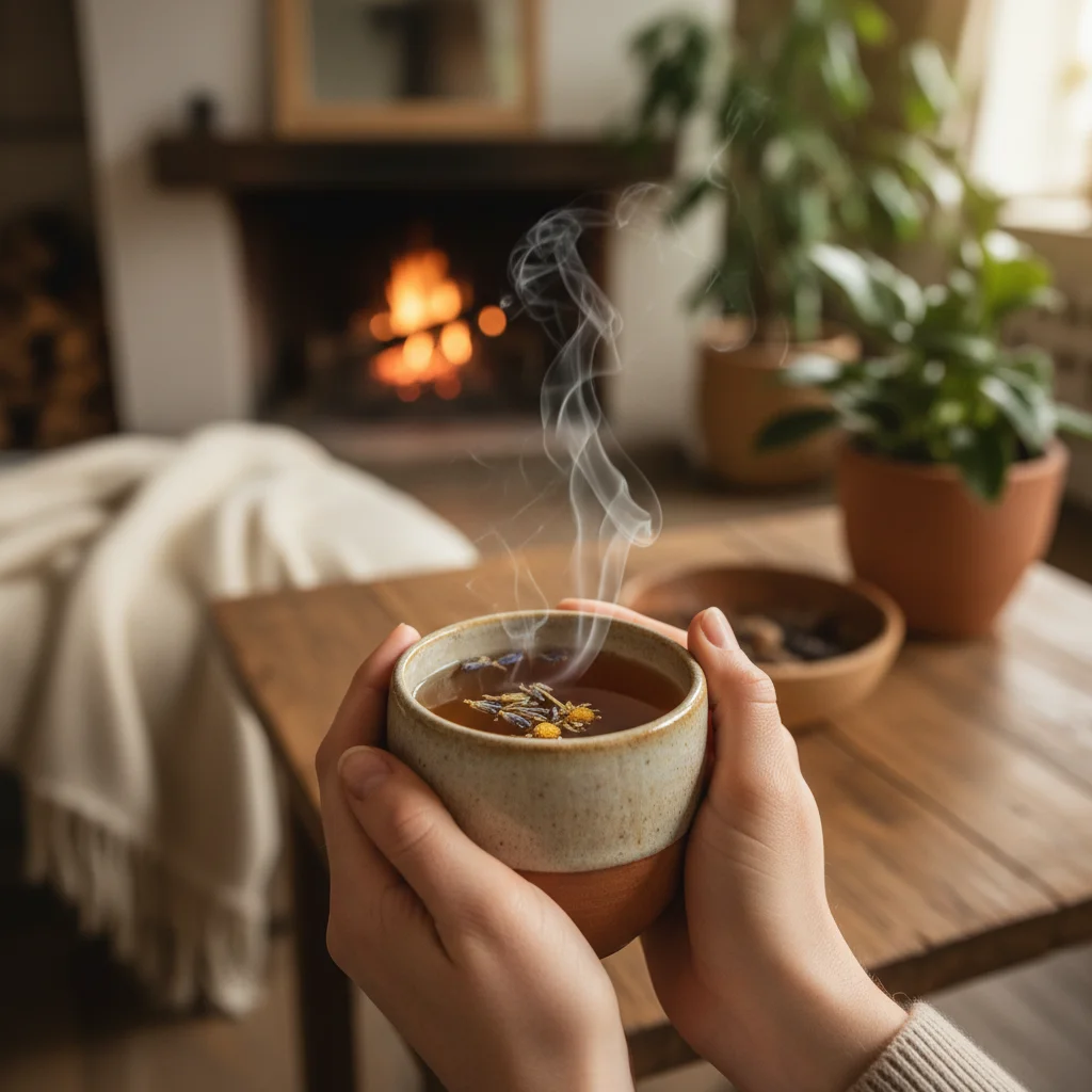 Hands holding herbal tea in a cozy wellness retreat setting.