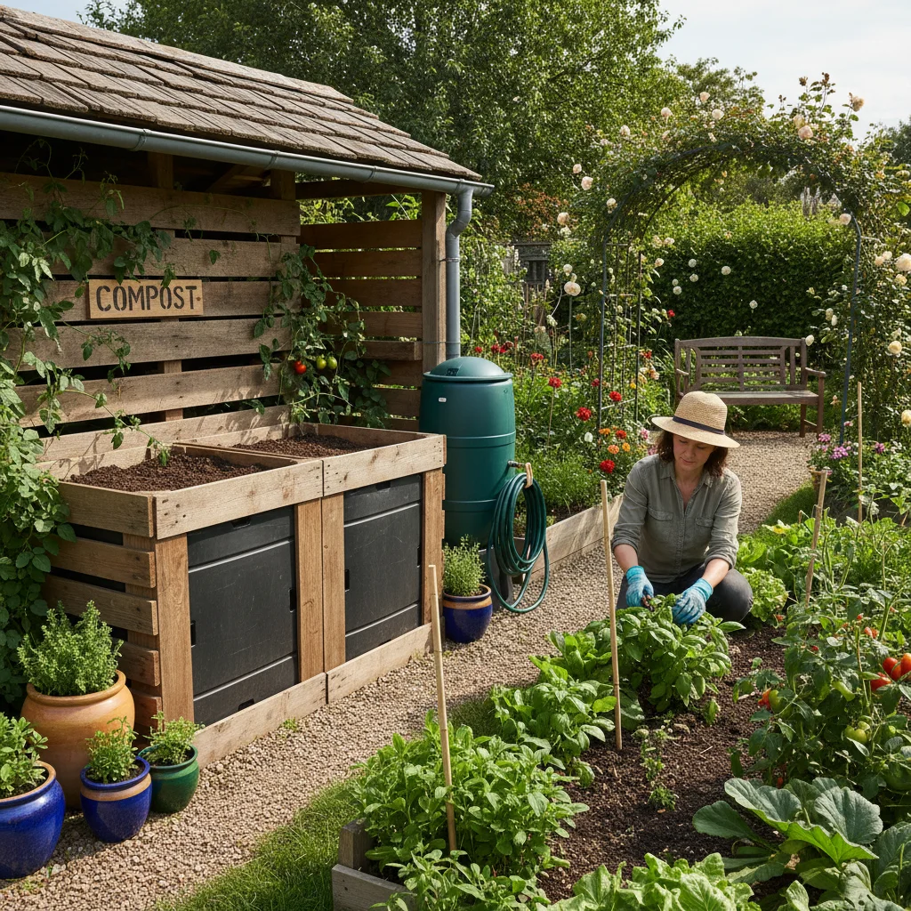 Person tending a lush vegetable garden with a compost bin and rainwater harvesting system, demonstrating sustainable outdoor practices.