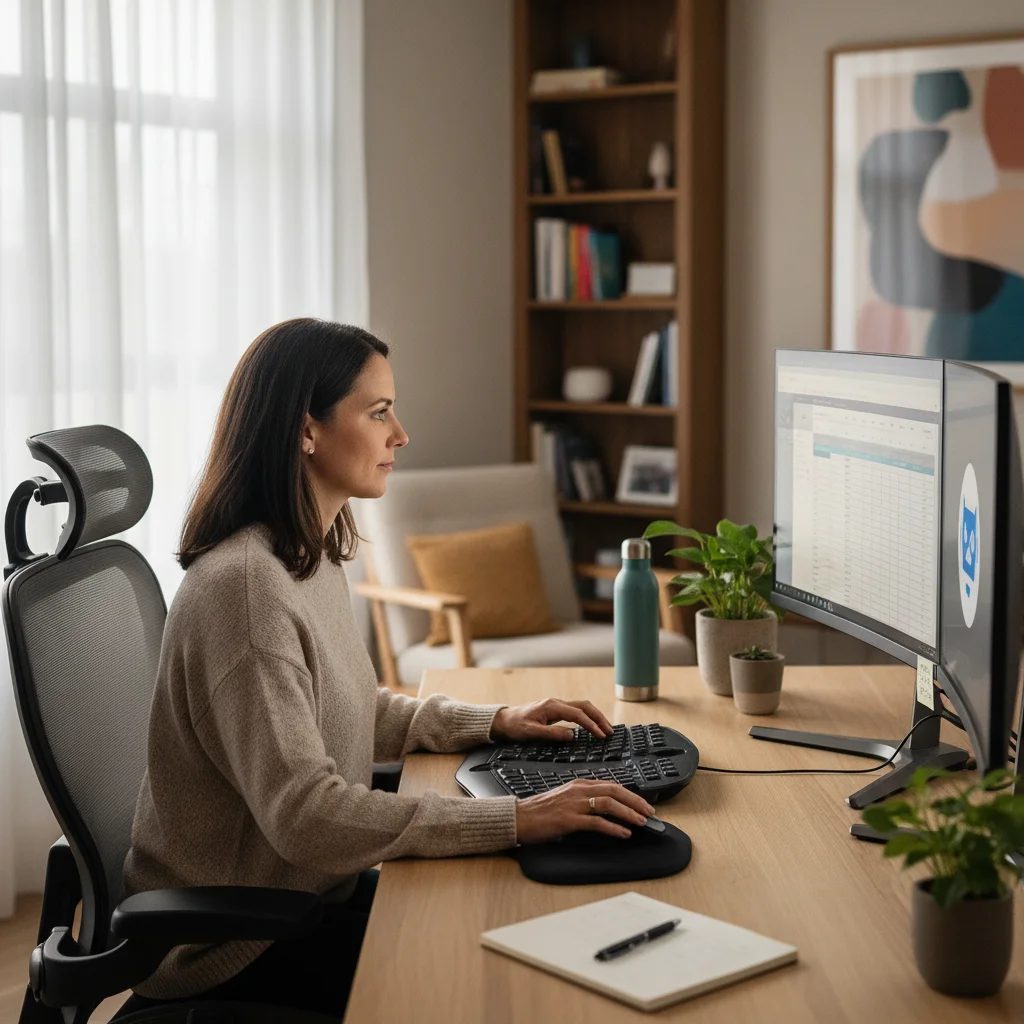 Employee focused in a home office, demonstrating remote productivity and well-being
