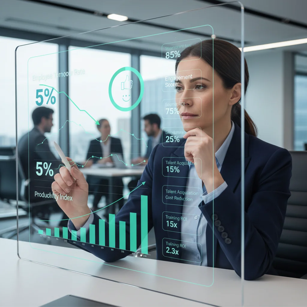 HR professional analyzing digital dashboard with talent retention metrics and employee engagement data.
