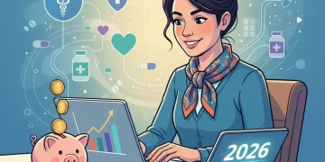 Person managing finances with laptop, piggy bank, and growth graph, focusing on HSA in 2026.