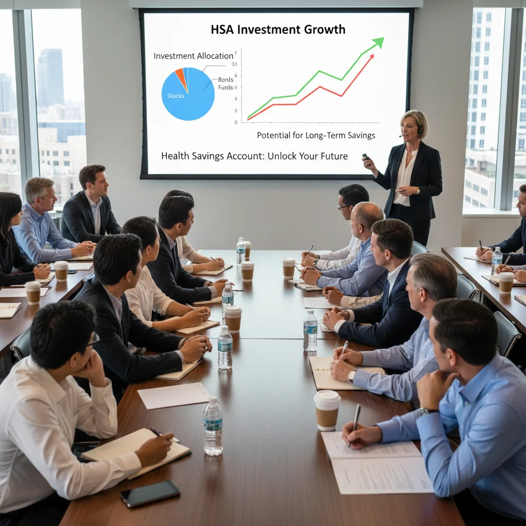 Diverse group attending a financial planning seminar, learning about investment strategies for HSAs.