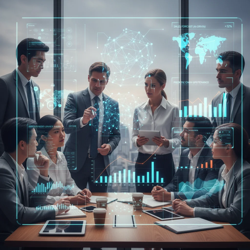 Business team collaborating with AI-driven analytics for strategic decision-making and operational improvement.