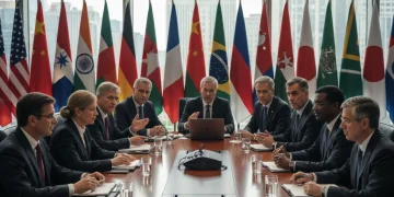 Diplomats discussing human rights at an international conference.