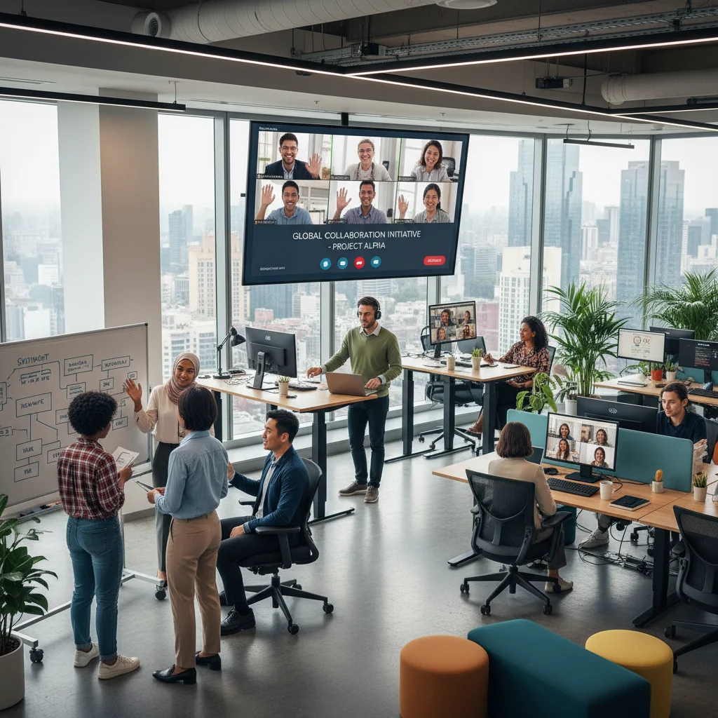 Diverse team collaborating in a hybrid global-local business environment