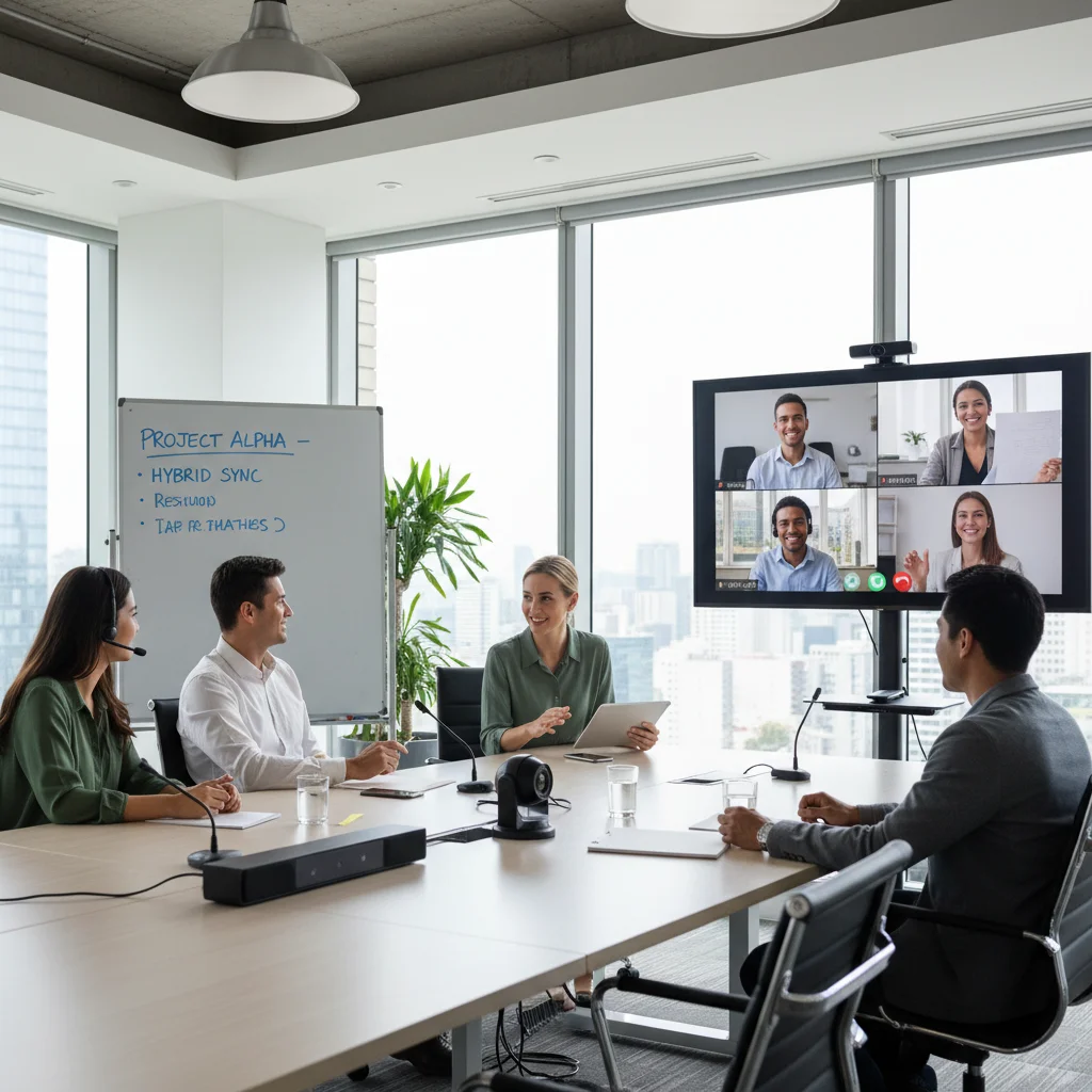 Hybrid team meeting with remote and in-office participants, showcasing collaboration tools