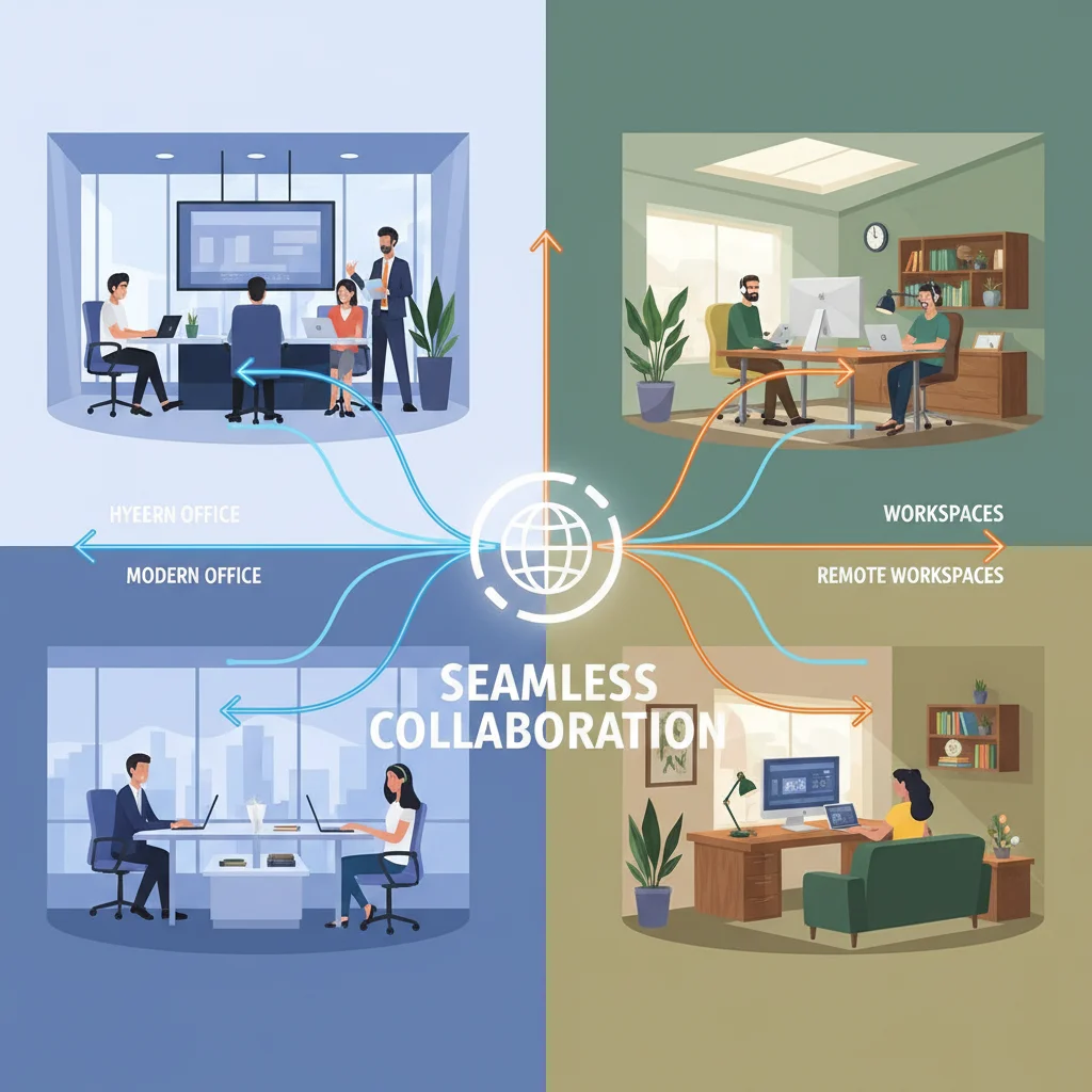 Illustration of a hybrid work model, showcasing seamless integration between office and remote employees.