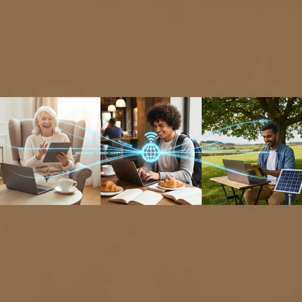 Personas de diferentes edades y profesiones utilizando internet de alta velocidad en diversos entornos, representando la inclusión digital.