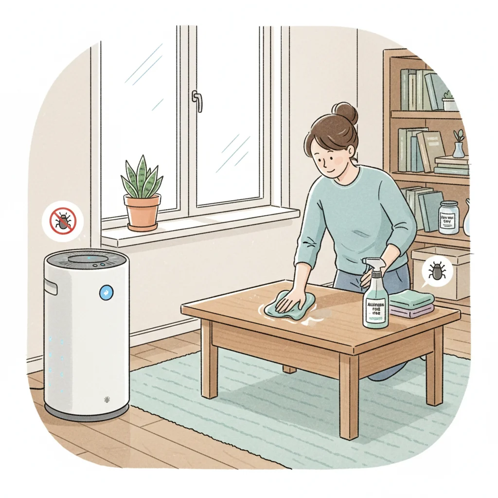 Indoor allergy management techniques, including air purifier and cleaning for pollen.