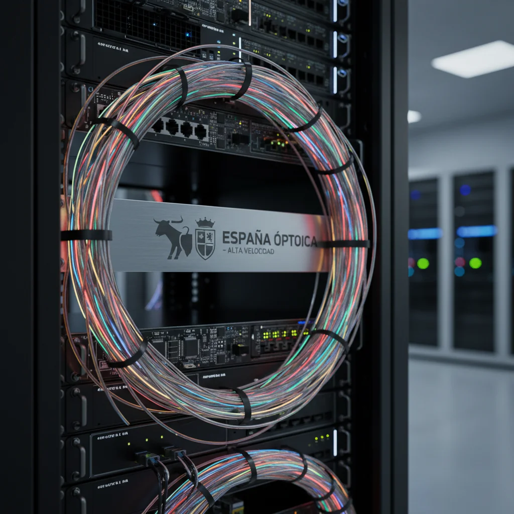 Cables de fibra óptica iluminados y equipos de red avanzados en un centro de datos, representando la infraestructura de alta velocidad.