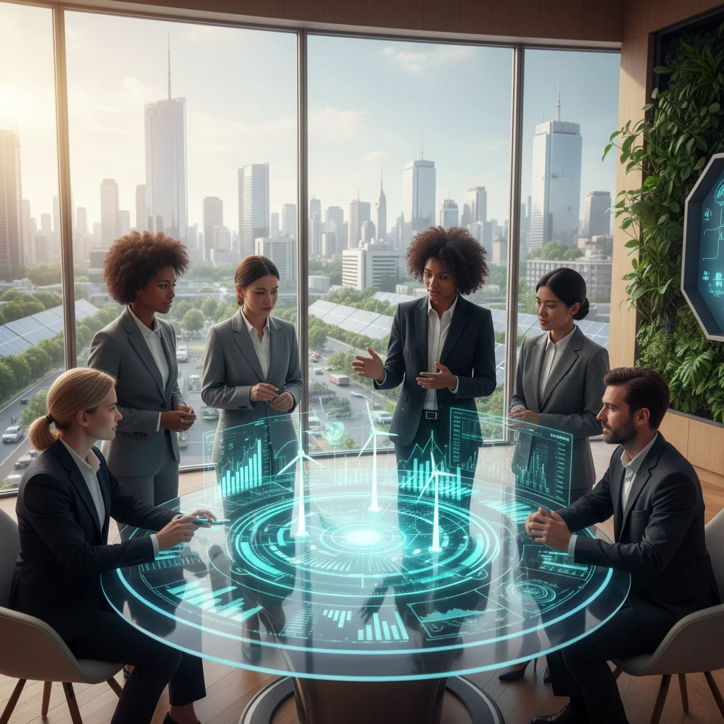 Professionals collaborating on holographic data for renewable energy and tech innovation.