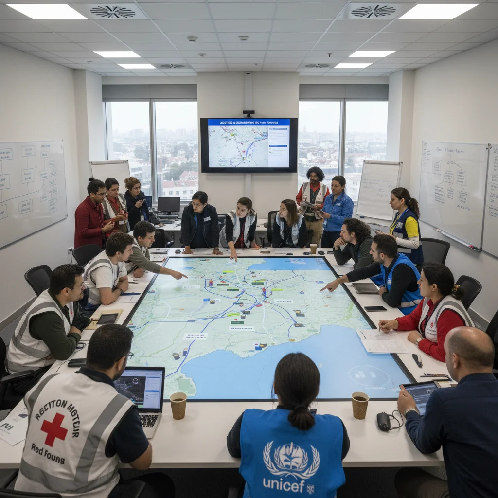 International aid partners collaborating on refugee response strategy