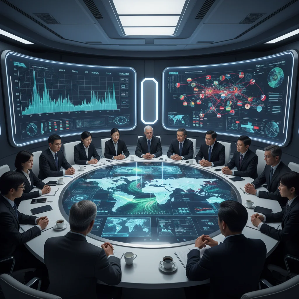 International diplomats negotiating complex global challenges, including climate change and geopolitical tensions.