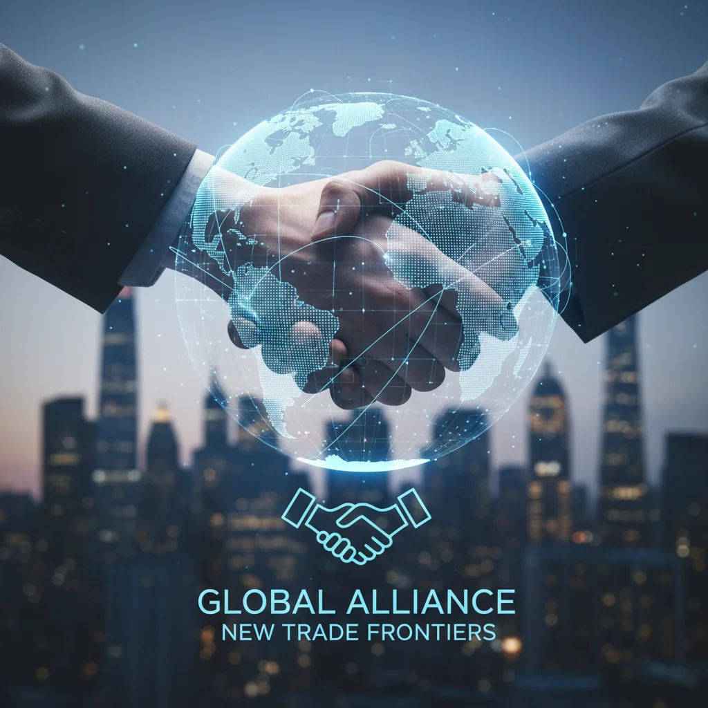 International handshake over digital globe symbolizing new trade agreements