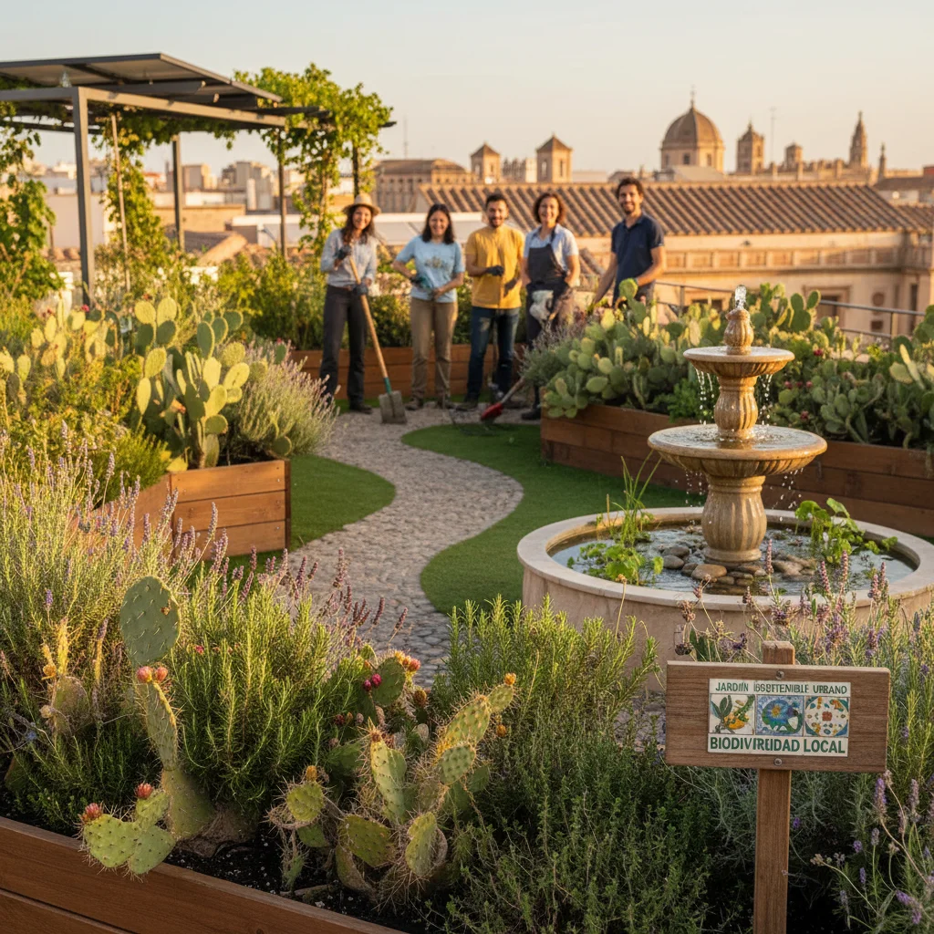 Proyecto de jardín urbano sostenible con plantas nativas y participación comunitaria en España.