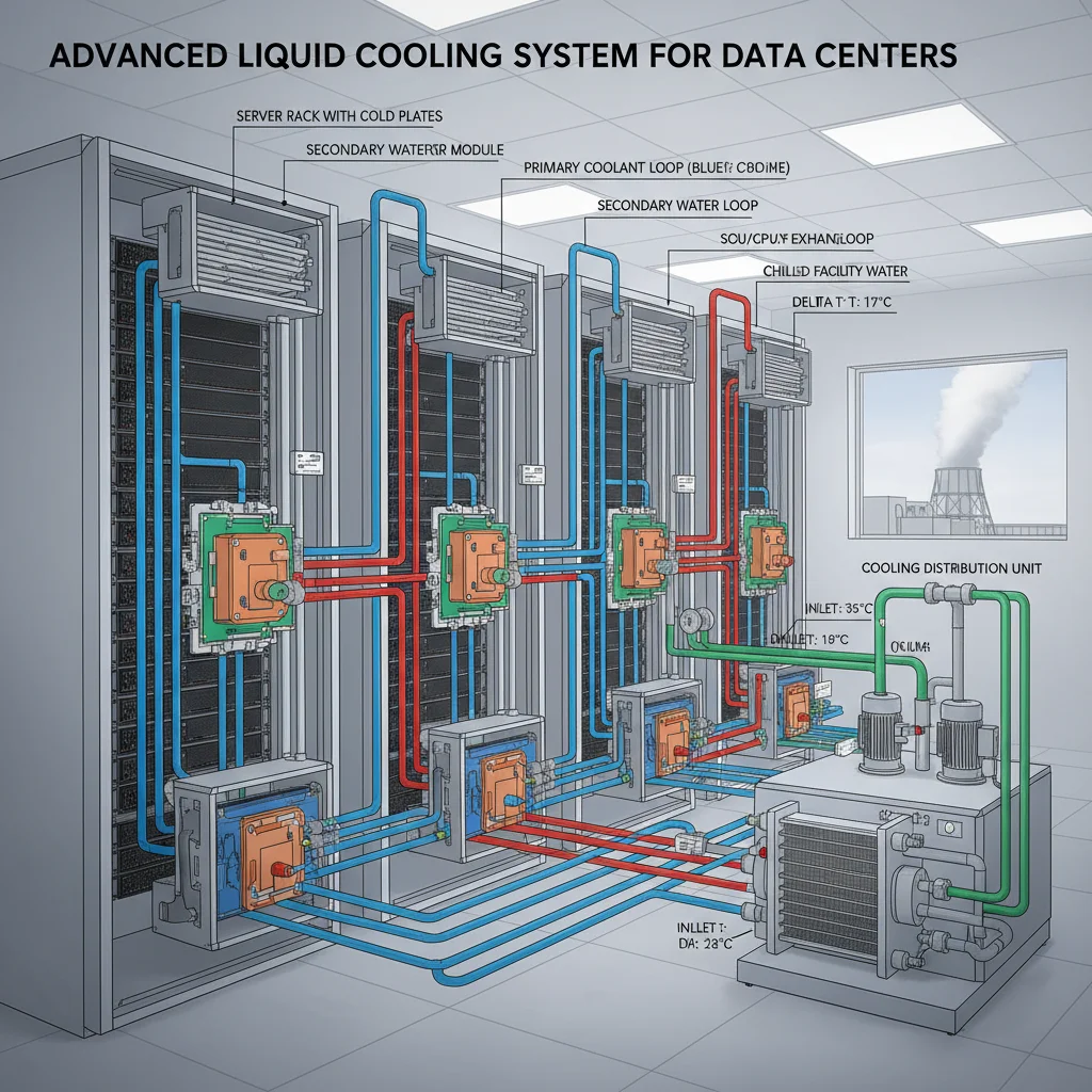 Diagram of a liquid cooling system for server racks, demonstrating advanced thermal management.