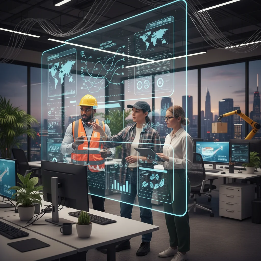 Diverse logistics team collaborating with supply chain analytics