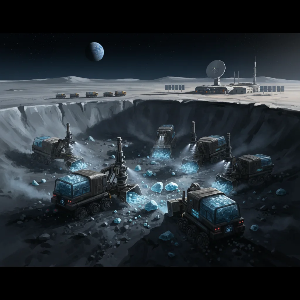 Robotic lunar mining operation extracting water ice from crater