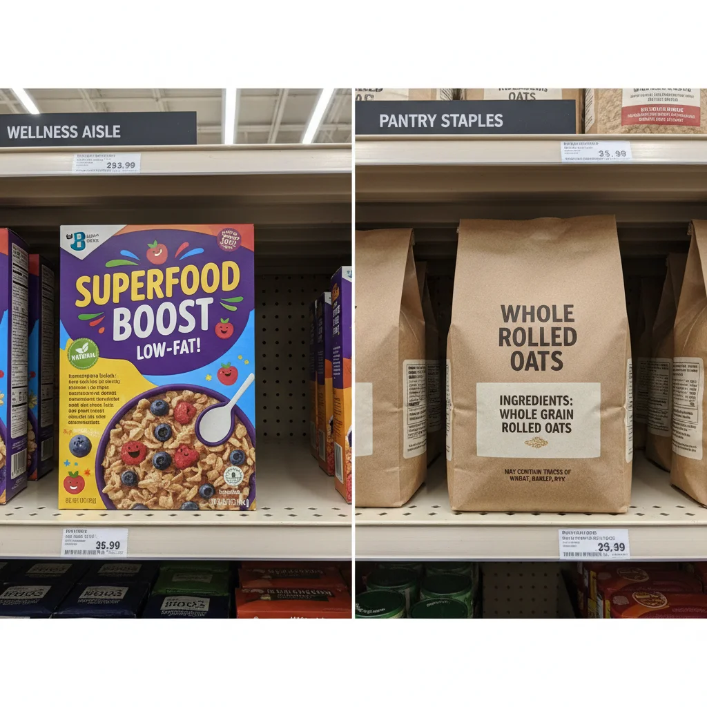Comparison of food products: one with a 'healthy' claim, another with a clear ingredient list.