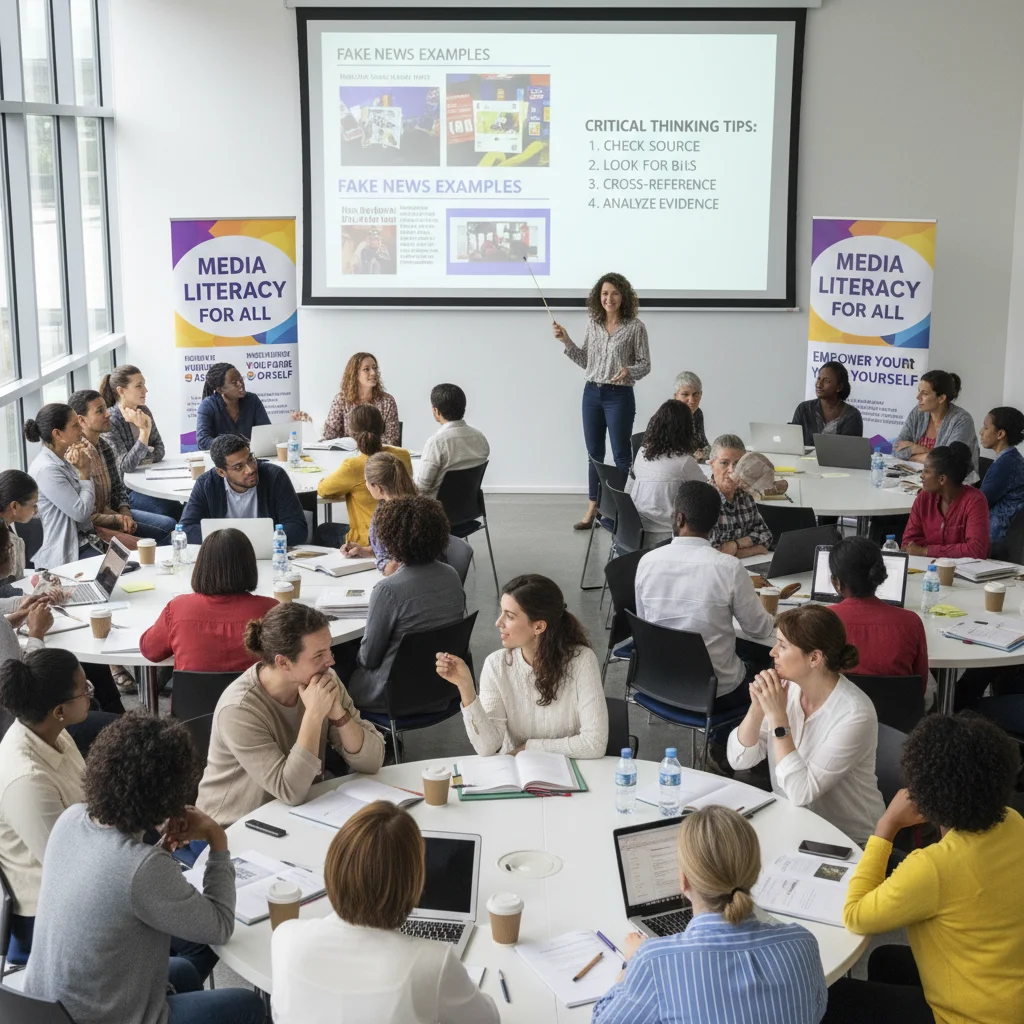 Community workshop on media literacy, teaching critical thinking to identify misinformation.