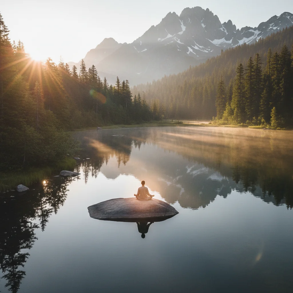 Person meditating by a calm lake at sunrise during a nature-focused wellness retreat.