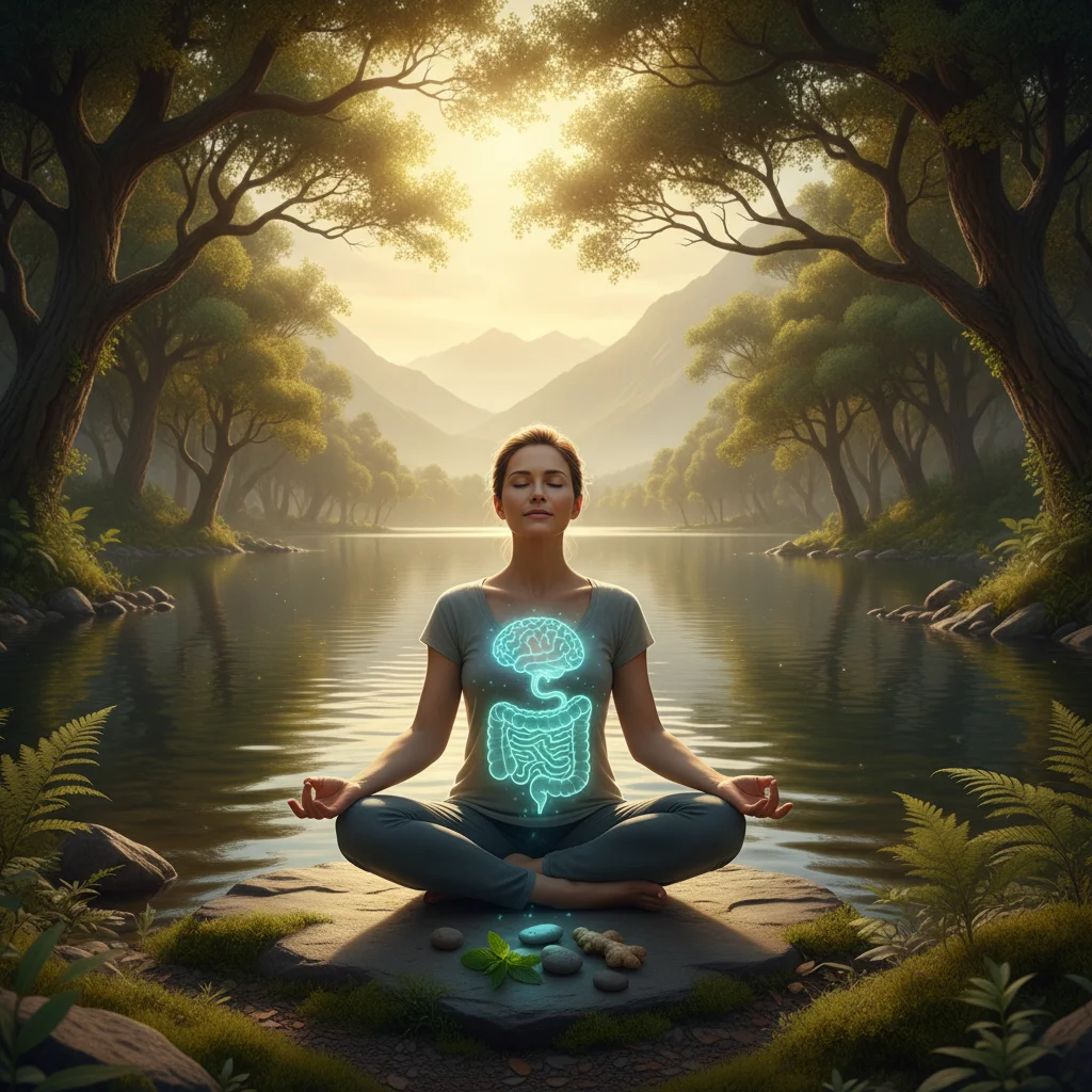 Person meditating in a peaceful outdoor setting, symbolizing stress reduction and its positive impact on gut health and overall well-being.