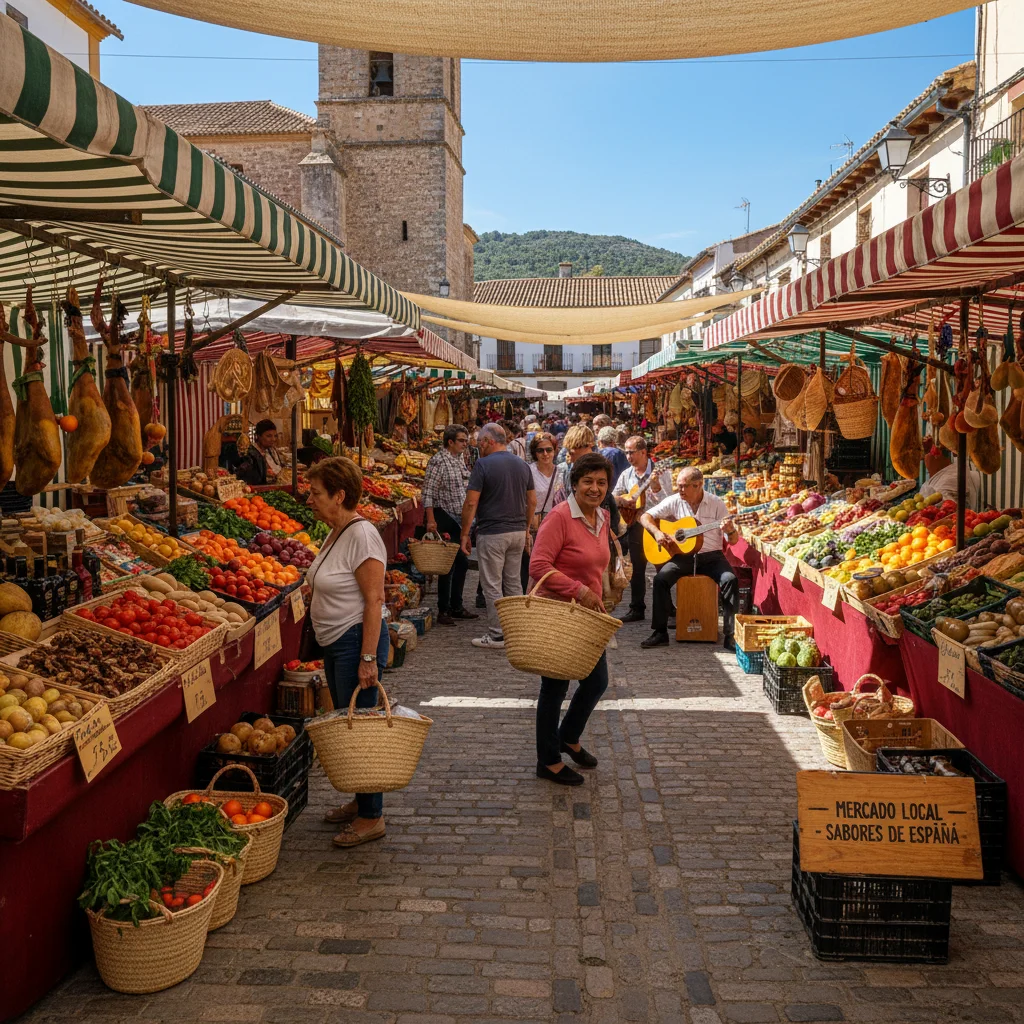 Mercado local vibrante en un pueblo español, con productos frescos y artesanía, impulsado por el turismo.