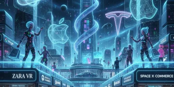 Metaverse Business: 3 Early US Adopters & 2026 Strategies Futuristic metaverse cityscape with integrated businesses and interacting avatars.