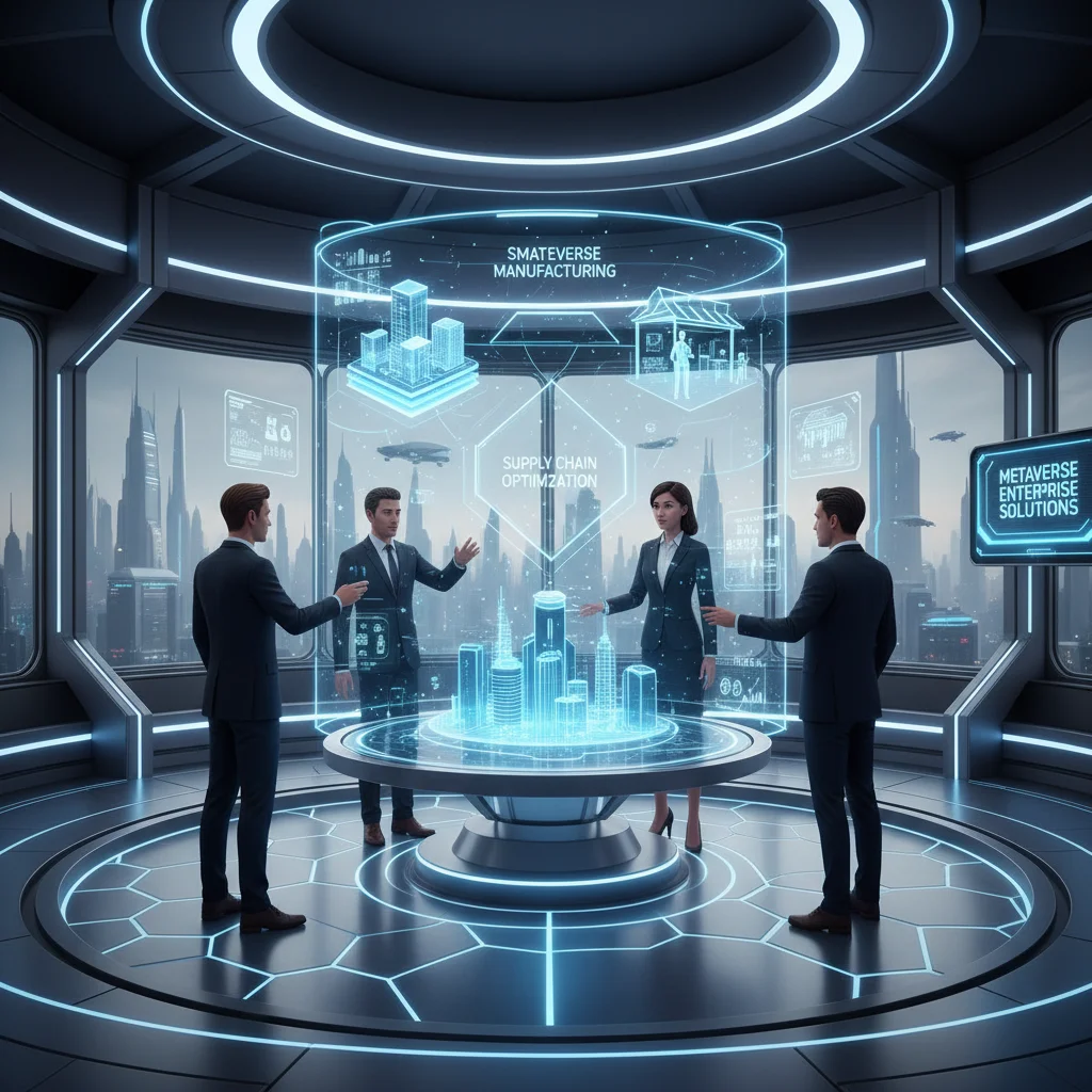 Enterprise metaverse meeting room with collaborating professional avatars.