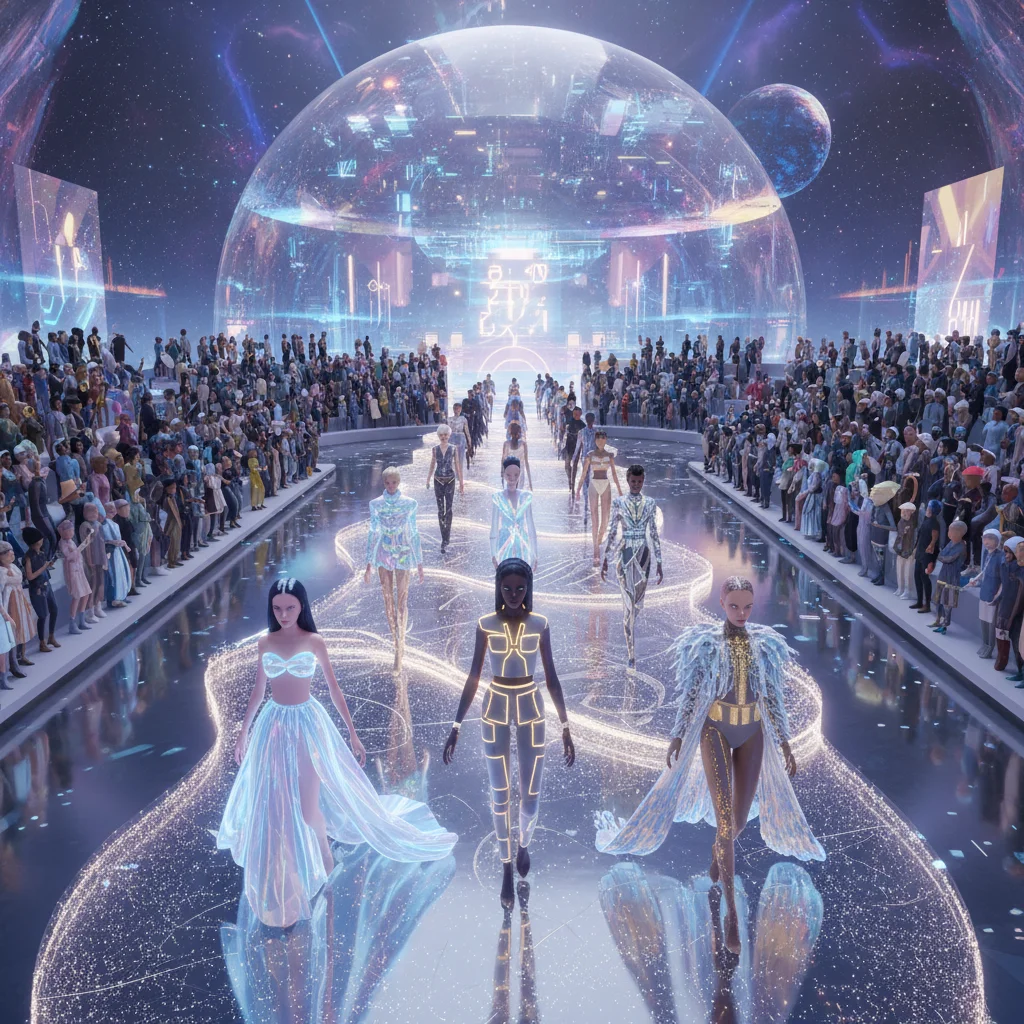 Virtual fashion show in metaverse with digital clothing and avatars.