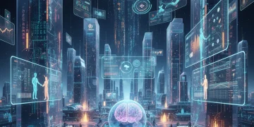 Futuristic metaverse cityscape with holographic business interactions and digital avatars.