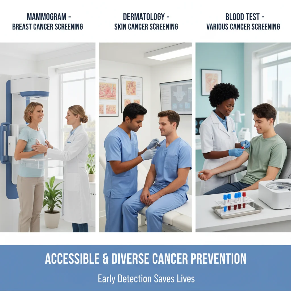 Visual representation of various cancer screening methods for early diagnosis and prevention.